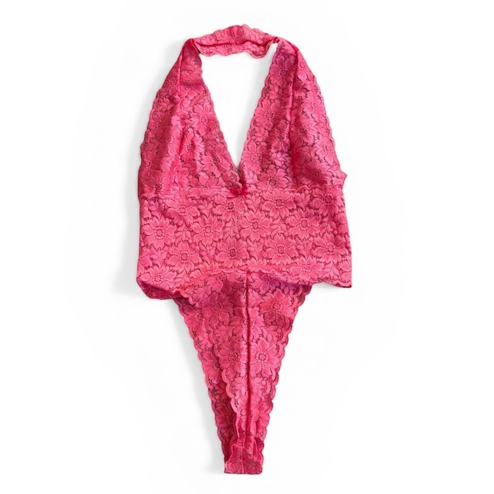 Vintage VS Y2K 2002 Pink Lace Halter Deep‎ V-neck One-Piece Bodysuit Sz Small